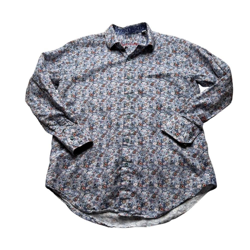 ROBERT GRAHAM Button Down Blue Floral Linen Blend Men's Size Small Dainty LS